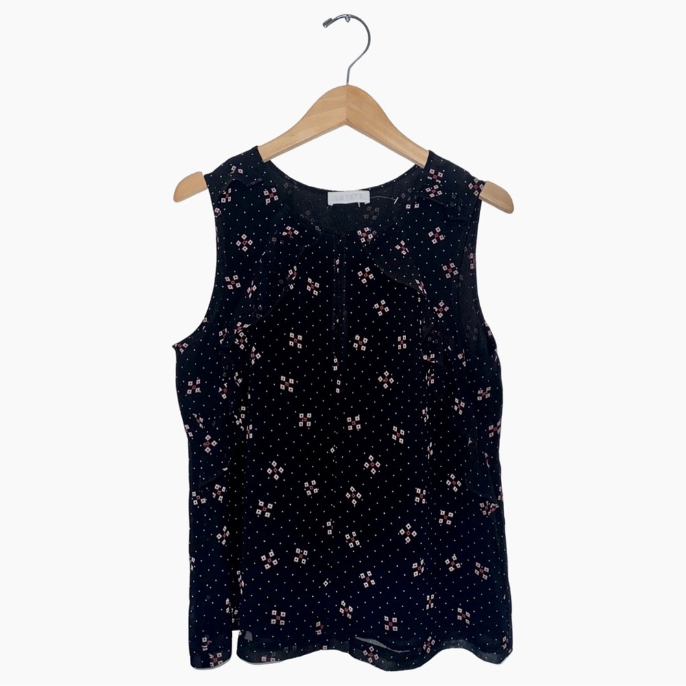1.State Black Chiffon Printed Sleeveless Blouse with Ruffles